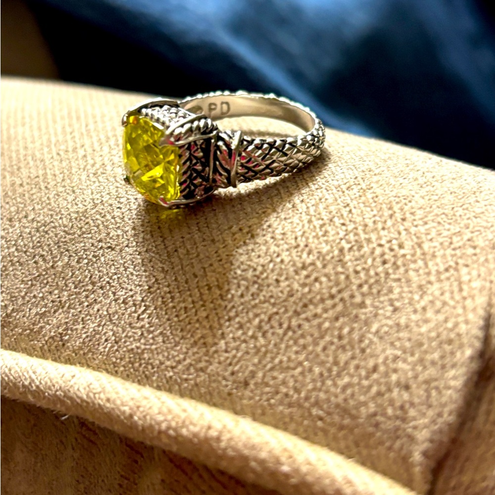 Palladium Ring with Yellow Gemstone and Intricate Design***size 8